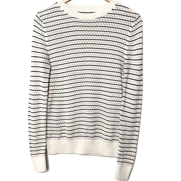 Tory Burch Sport Women Ivory Navy Blue Striped Pointelle Knit Crewneck Sweater M - Picture 2 of 8
